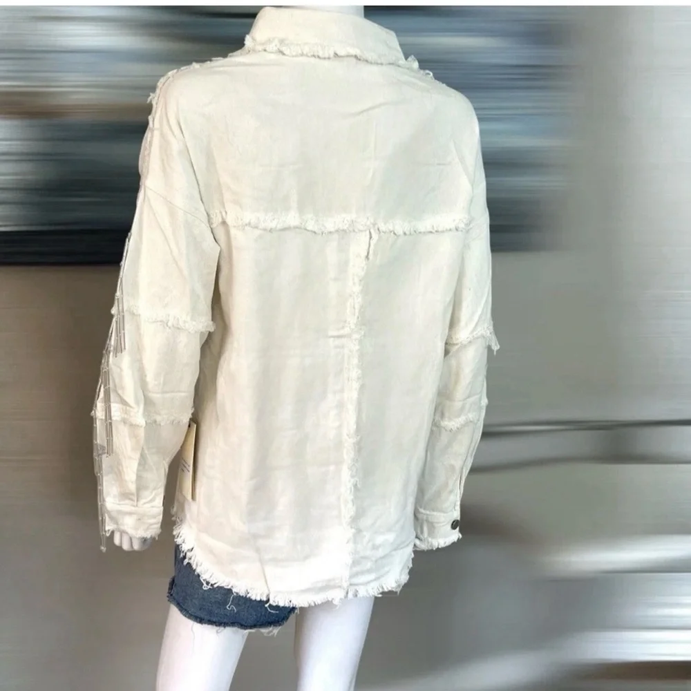 BLUE VELVET off white denim sequin and bead fringe detail Shacket/top size S M L - Picture 6 of 10